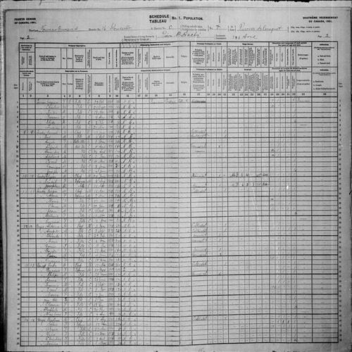 Digitized page of Census of Canada, 1901, Page number 2, for Theotime Dugas