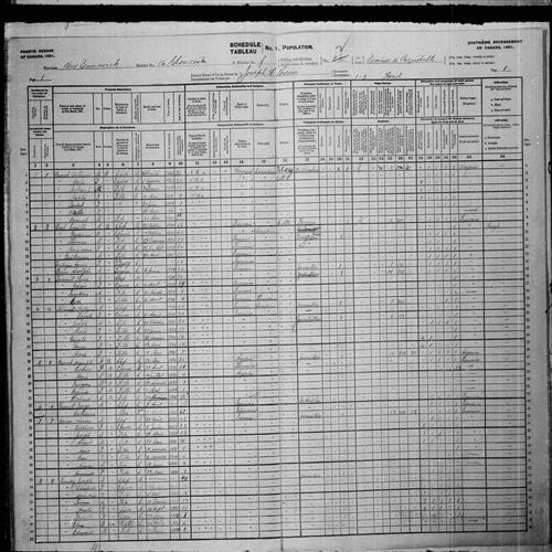 Digitized page of Census of Canada, 1901, Page number 1, for Angus J S Branch