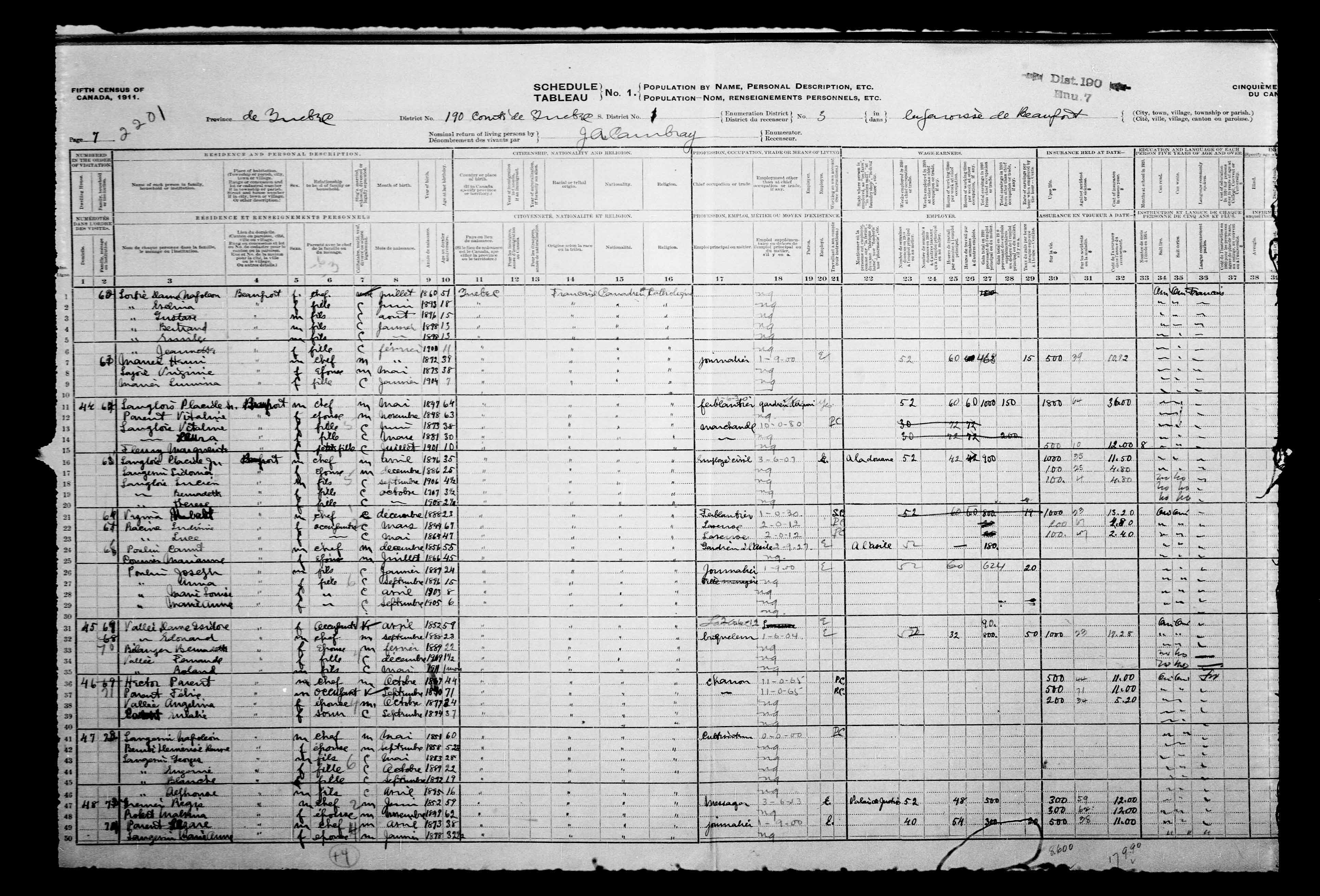 Recensement 1911 (lignes 1 à 6)