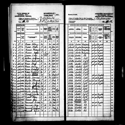 Digitized page of Census of Canada, 1911, Page number 12, for Louisa Wylie