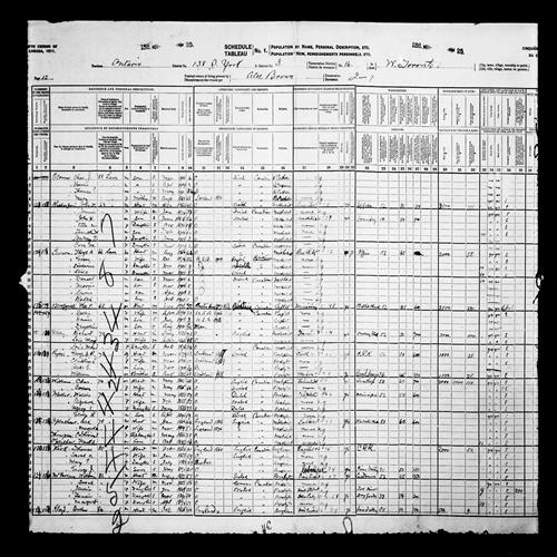 Digitized page of Census of Canada, 1911, Page number 12, for Catherine Lawson