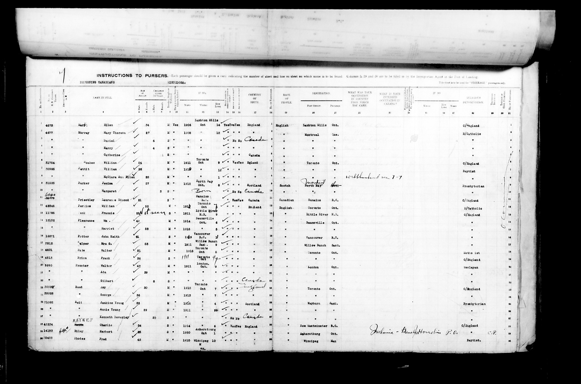 Digitized page of Passenger Lists for Image No.: CANIMM1913PLIST_2000908421-00422