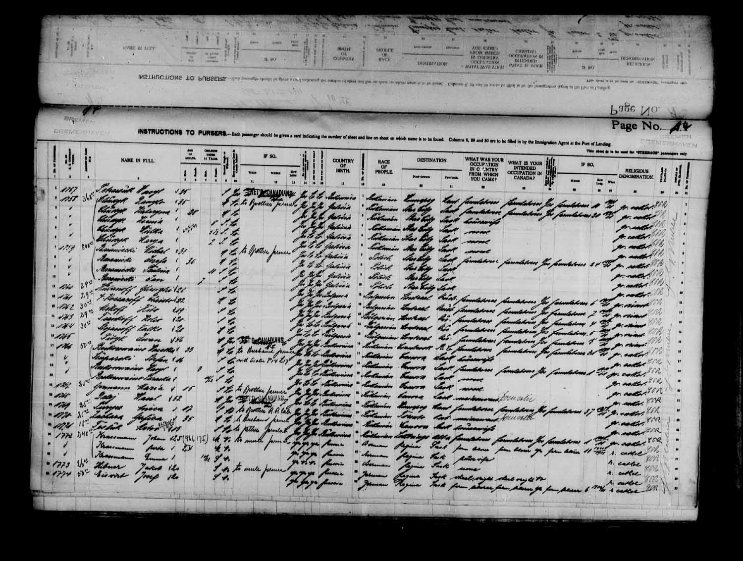 Digitized page of Passenger Lists for Image No.: e003575101