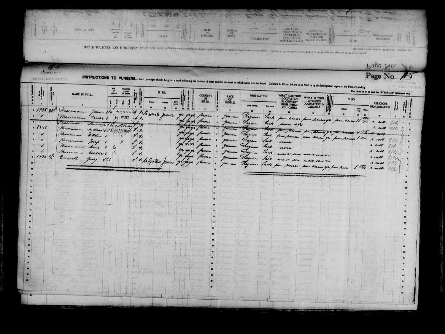 Digitized page of Passenger Lists for Image No.: e003575102