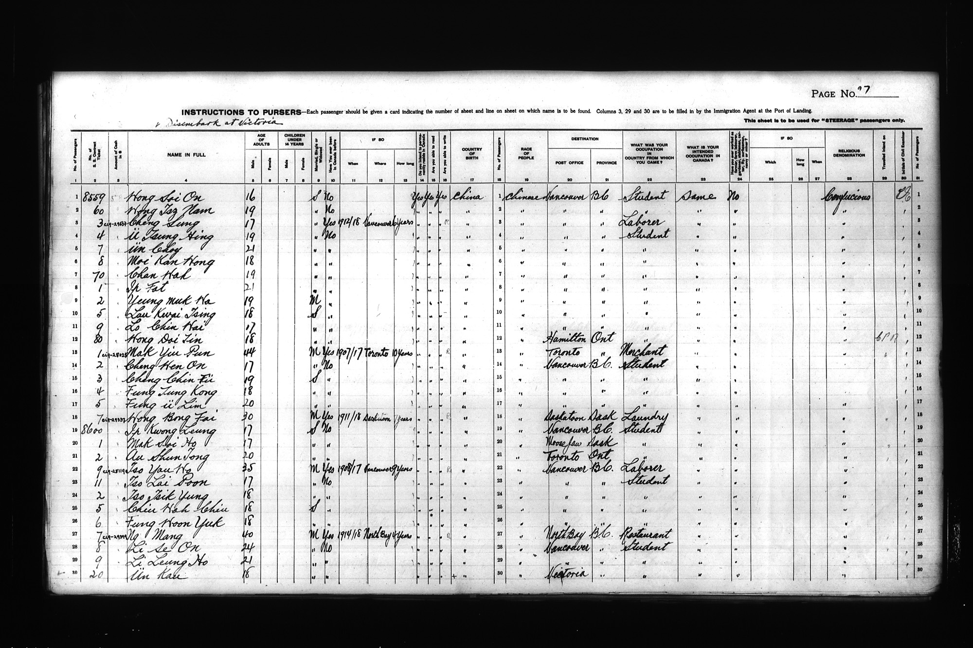 Digitized page of Passenger Lists for Image No.: CANIMM1913PLIST_0000408296-00276