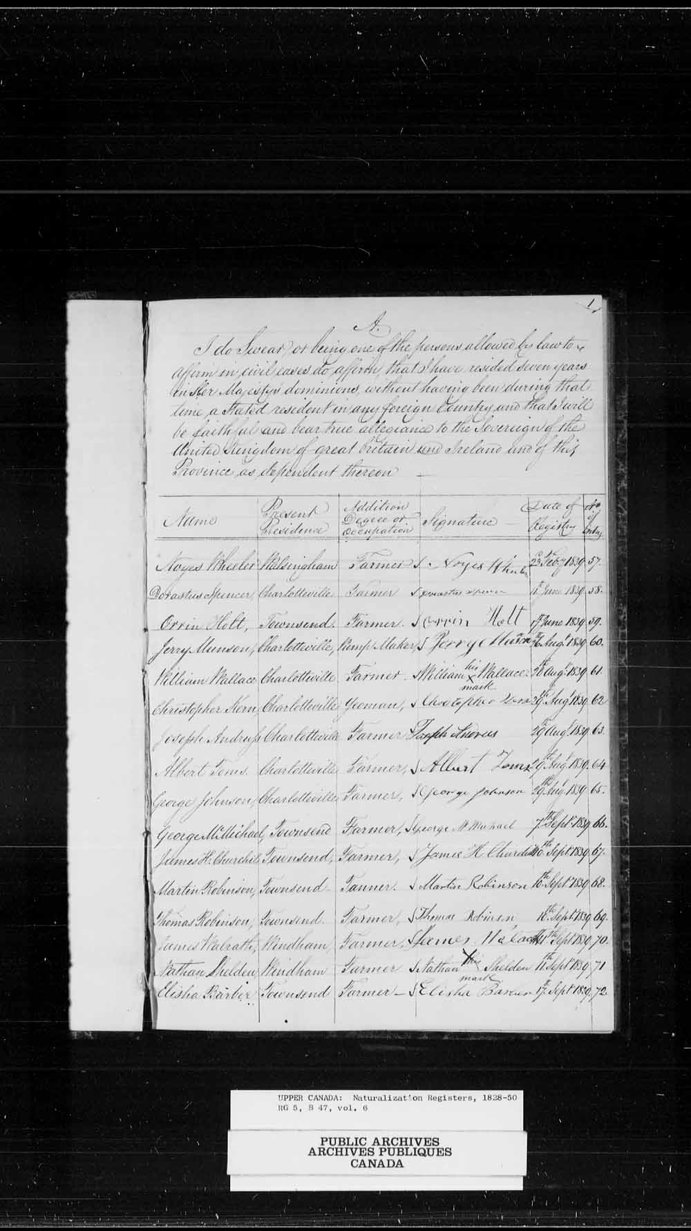 Digitized page of Upper Canada and Canada West Naturalization Records for Image No.: e002993187