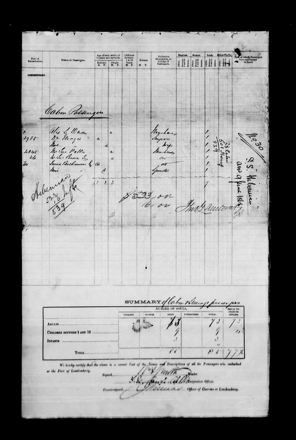 Digitized page of Passenger Lists for Image No.: e003530466