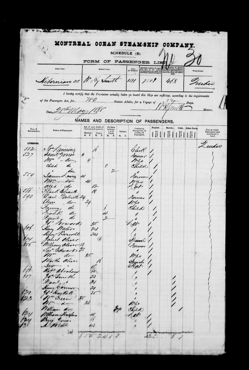 Digitized page of Passenger Lists for Image No.: e003530483