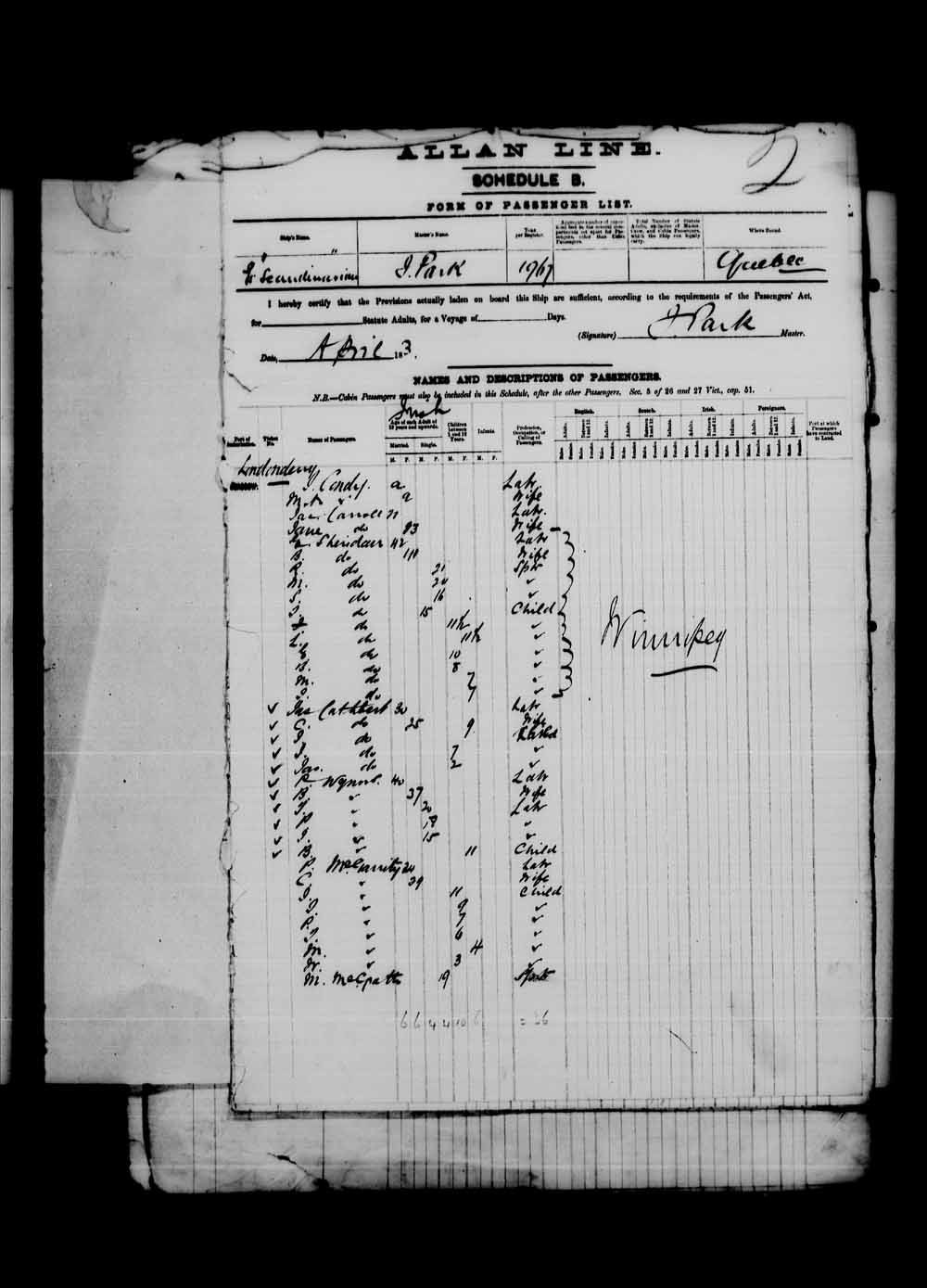 Digitized page of Passenger Lists for Image No.: e003542669