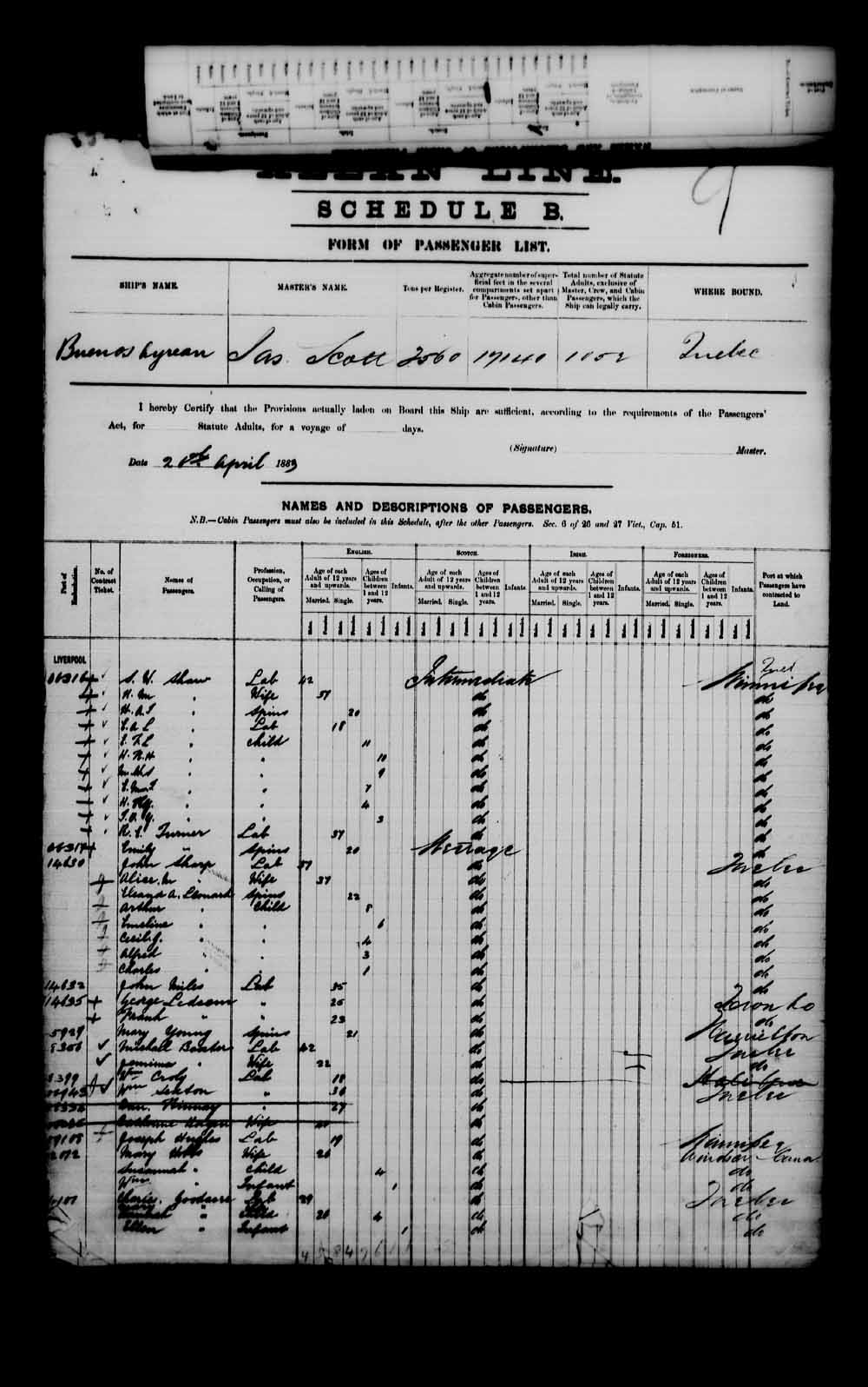 Digitized page of Passenger Lists for Image No.: e003542775