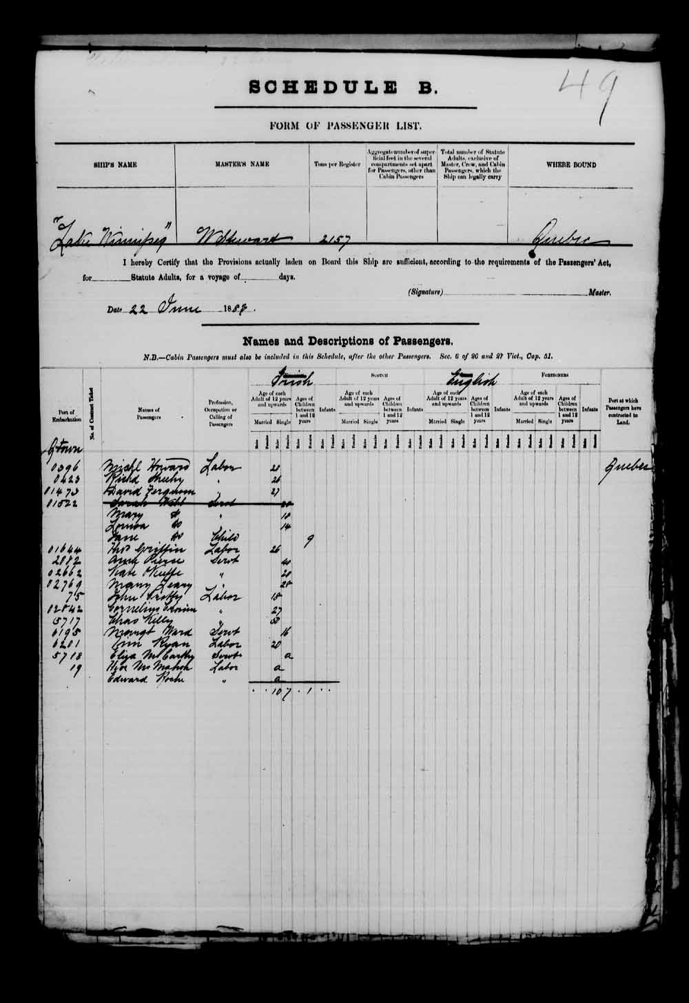 Digitized page of Passenger Lists for Image No.: e003543413