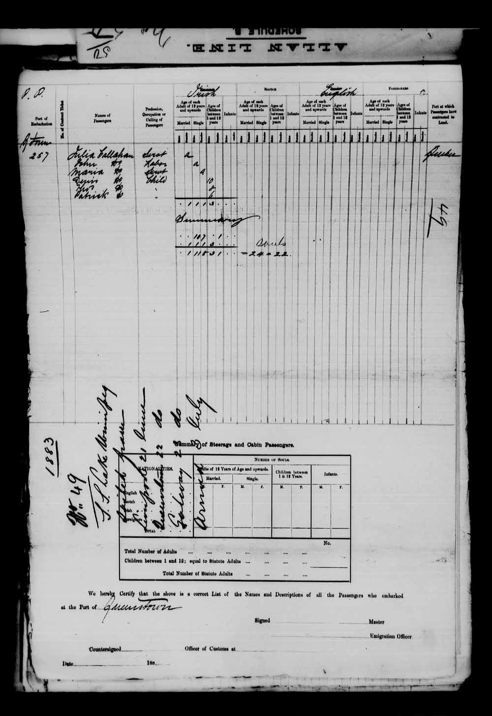 Digitized page of Passenger Lists for Image No.: e003543414