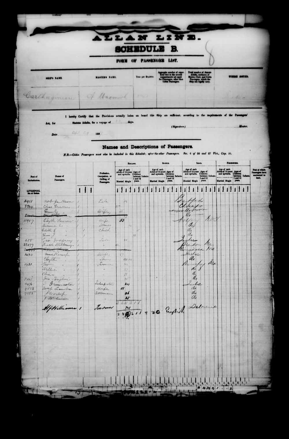 Digitized page of Quebec Passenger Lists for Image No.: e003546733