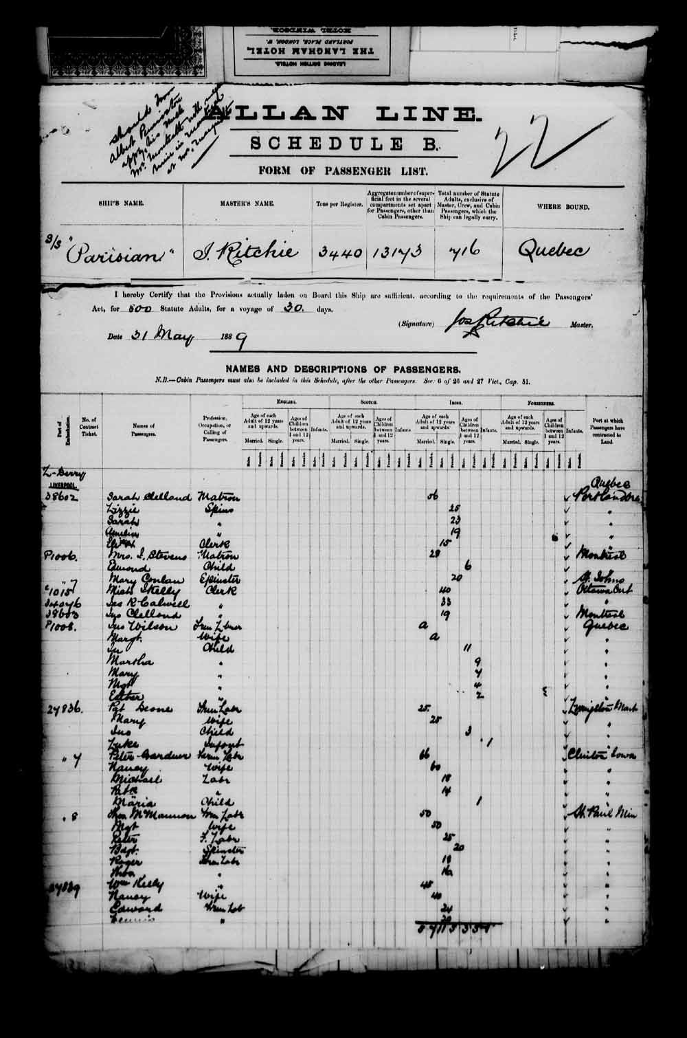 Digitized page of Passenger Lists for Image No.: e003549683