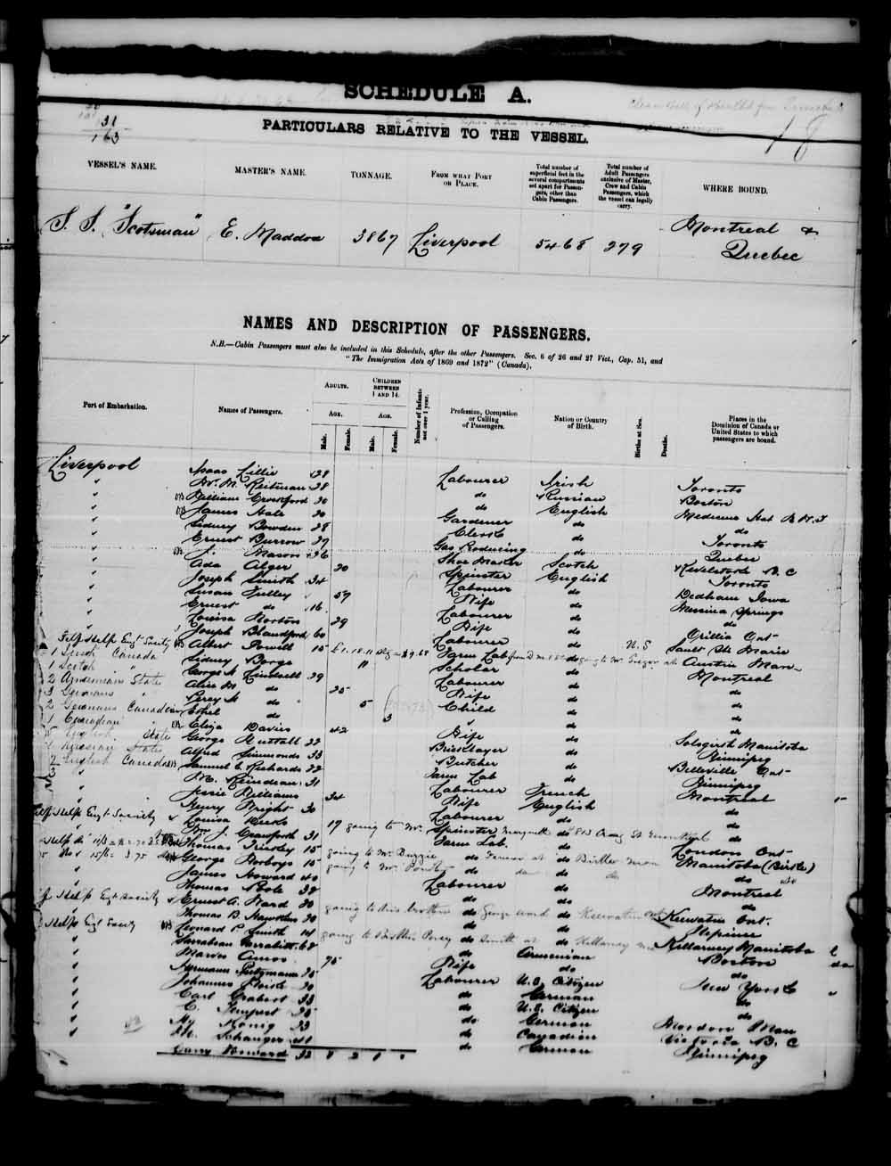 Digitized page of Quebec Passenger Lists for Image No.: e003554394