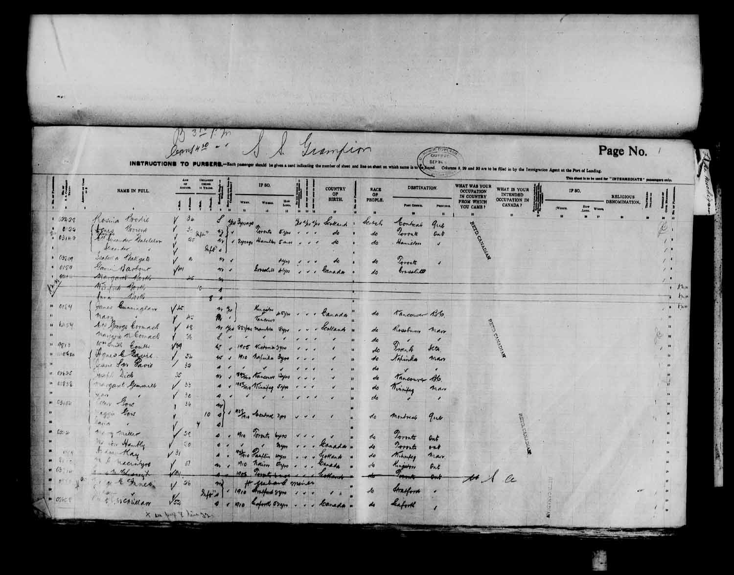 Digitized page of Passenger Lists for Image No.: e003566512