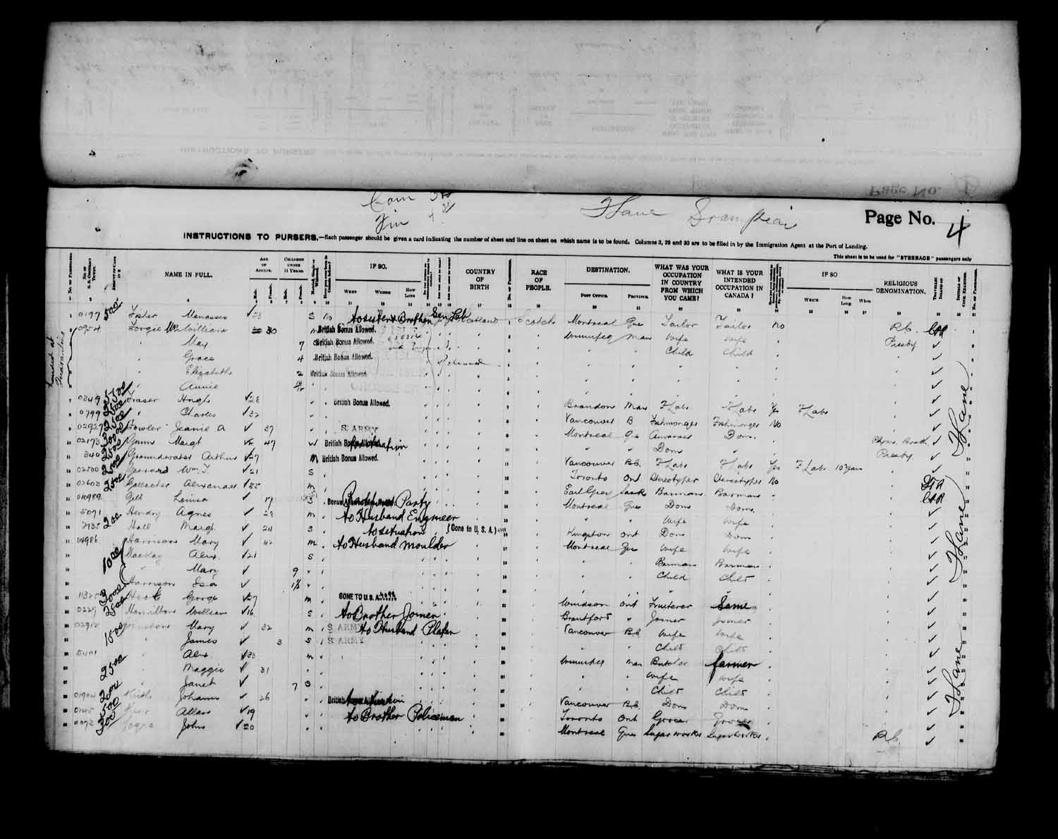Digitized page of Passenger Lists for Image No.: e003566523