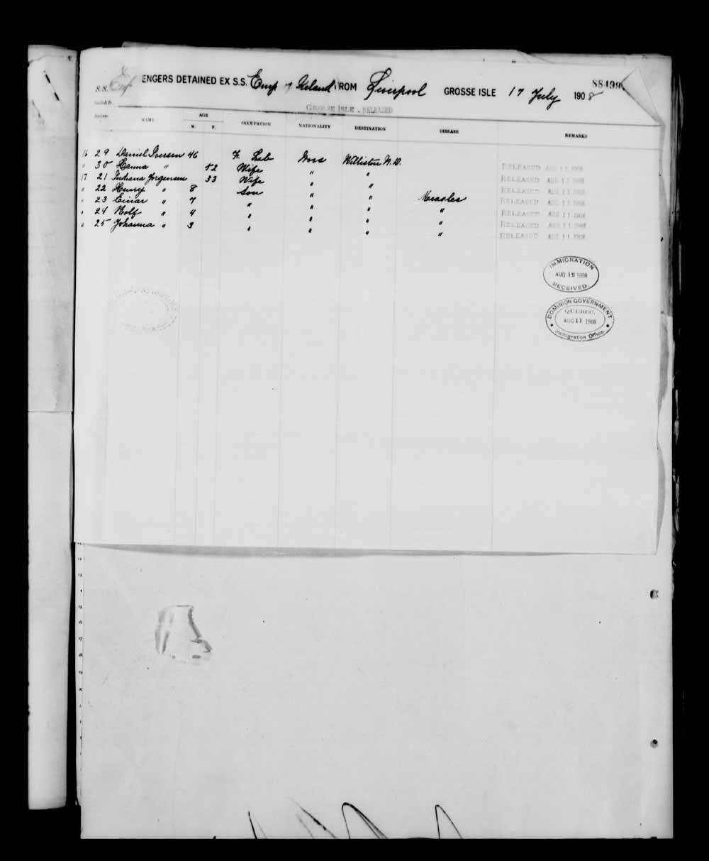 Digitized page of Quebec Passenger Lists for Image No.: e003591250