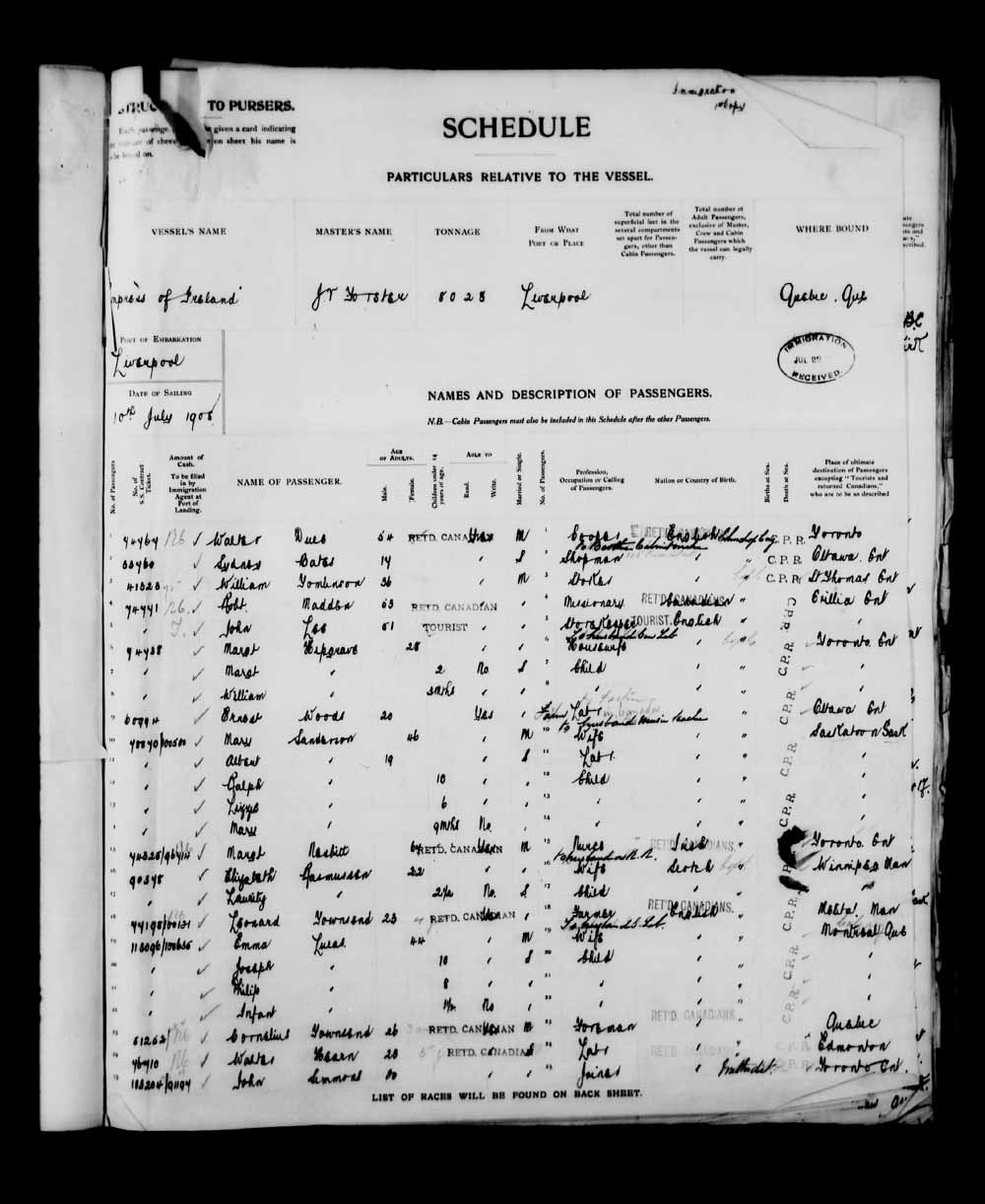 Digitized page of Quebec Passenger Lists for Image No.: e003591251
