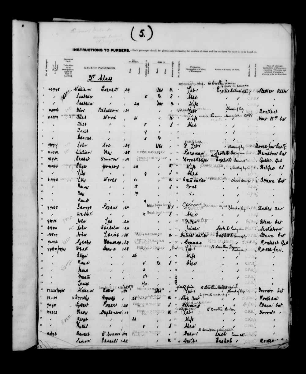 Digitized page of Quebec Passenger Lists for Image No.: e003591255
