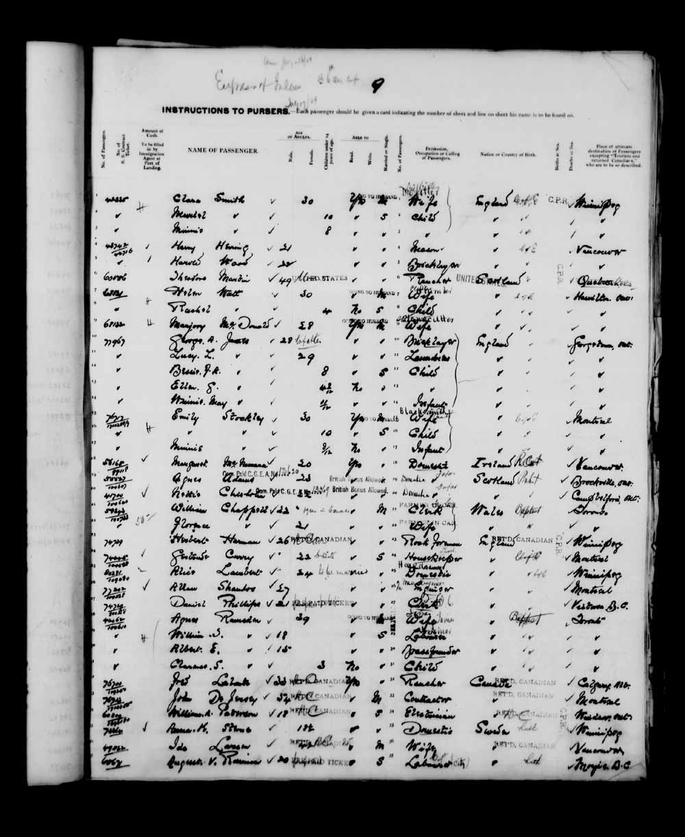 Digitized page of Quebec Passenger Lists for Image No.: e003591259