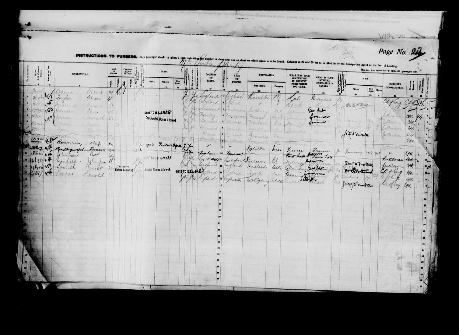 Digitized page of Passenger Lists for Image No.: e003627212