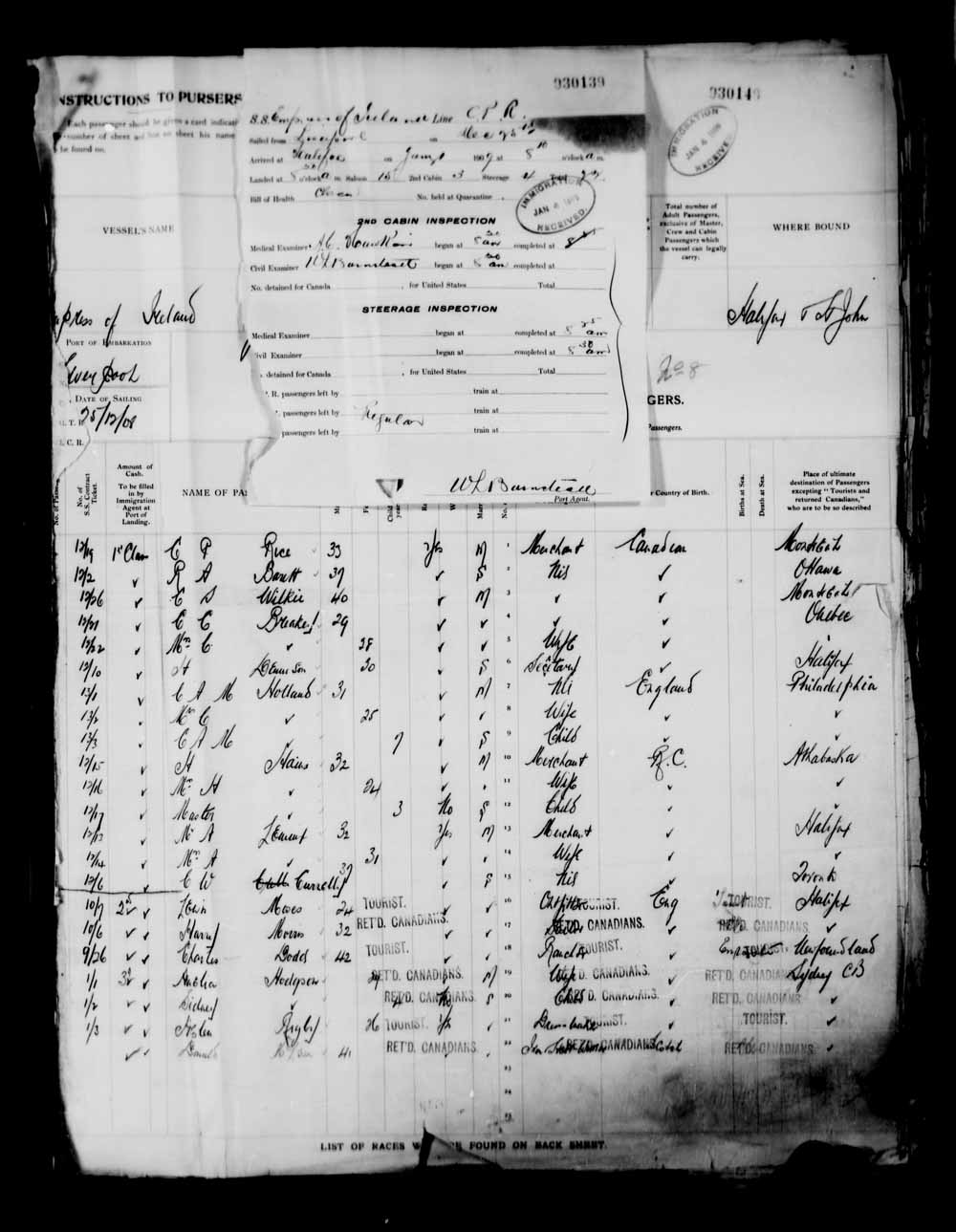Digitized page of Quebec Passenger Lists for Image No.: e003682231
