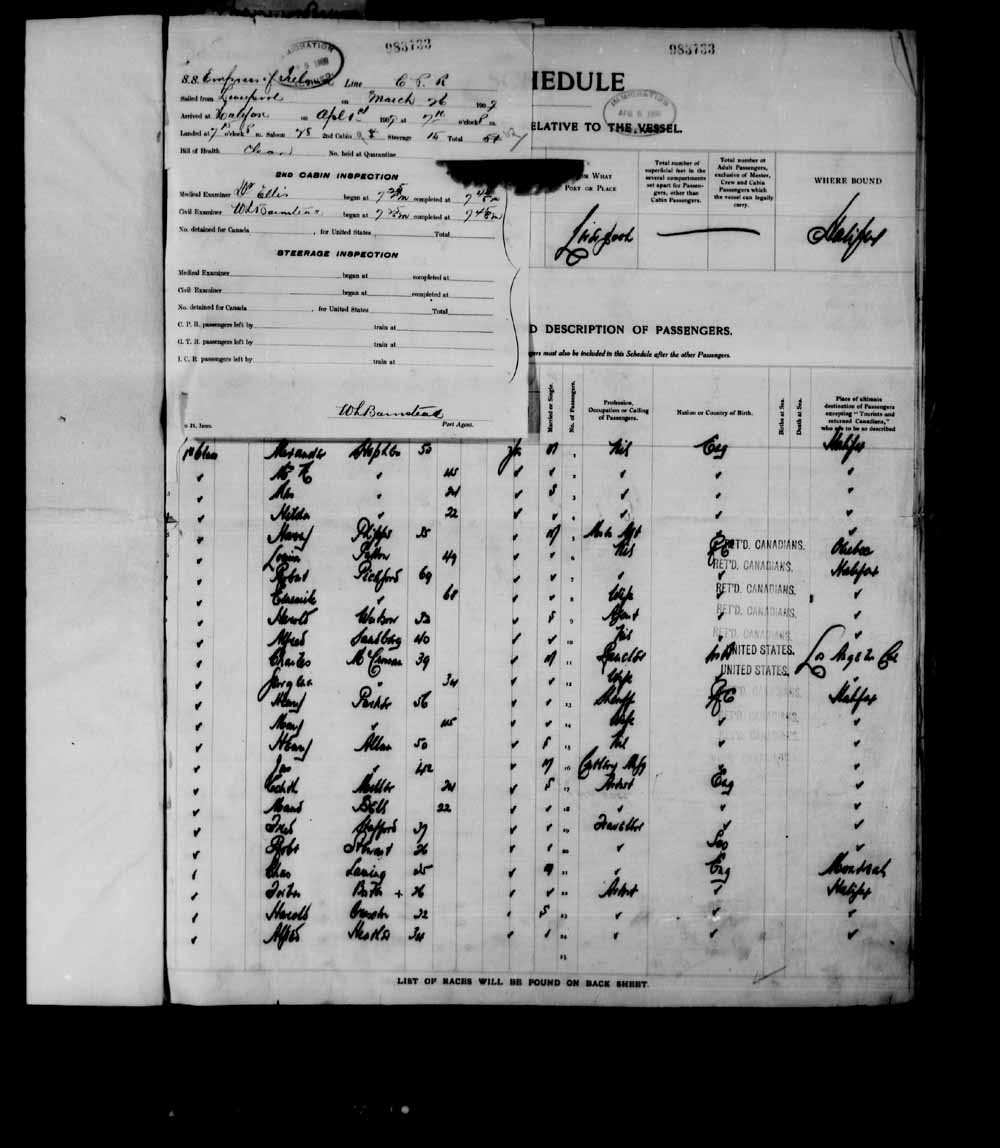 Digitized page of Quebec Passenger Lists for Image No.: e003682604