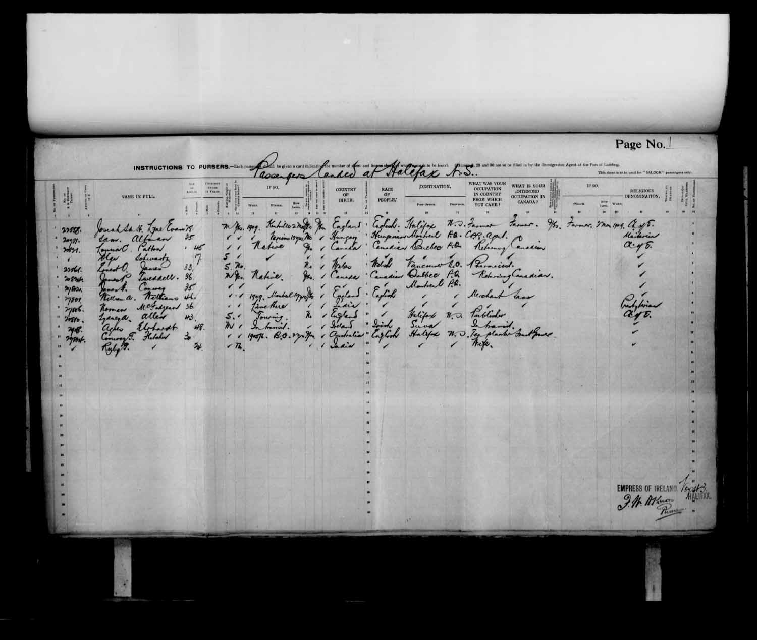 Digitized page of Quebec Passenger Lists for Image No.: e003683614