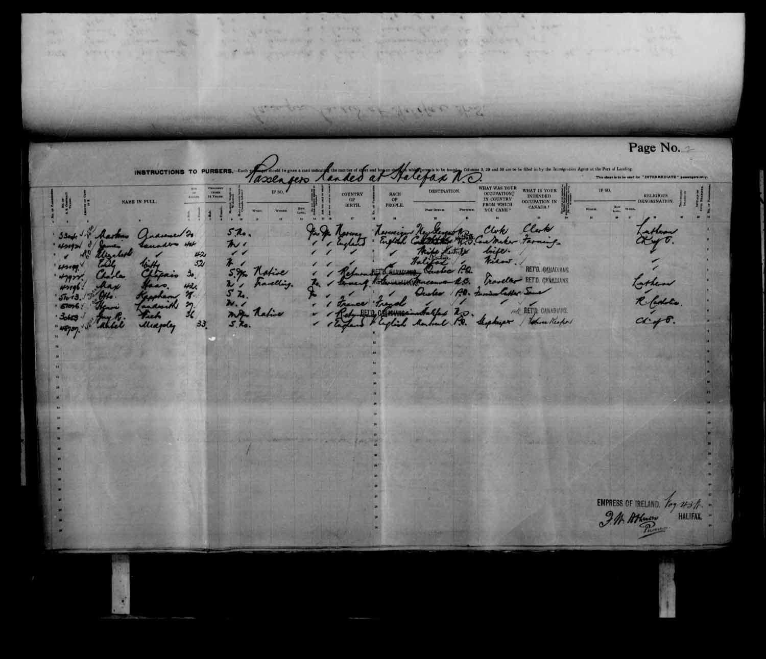 Digitized page of Quebec Passenger Lists for Image No.: e003683615
