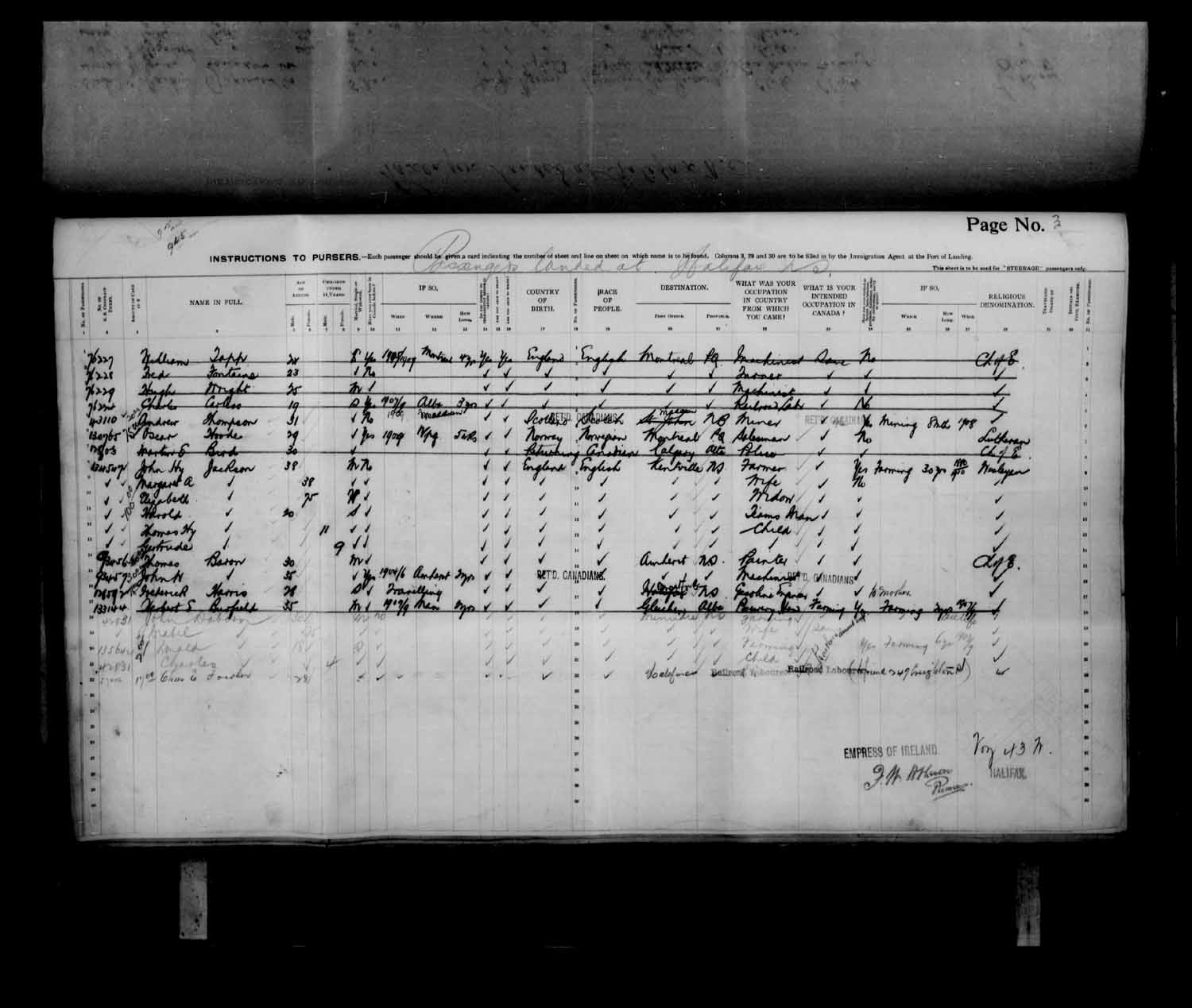 Digitized page of Quebec Passenger Lists for Image No.: e003683616