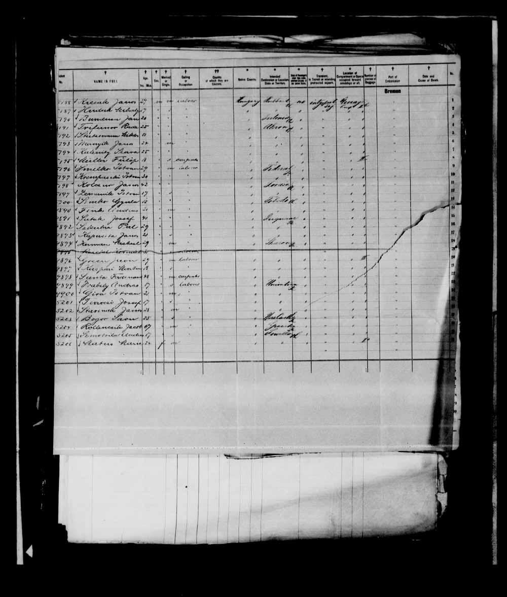 Digitized page of Quebec Passenger Lists for Image No.: e003690019