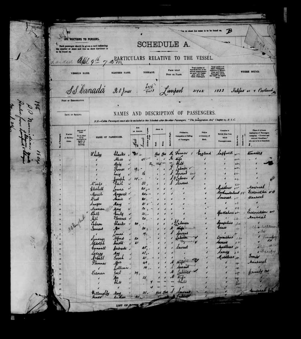 Digitized page of Passenger Lists for Image No.: e003695290