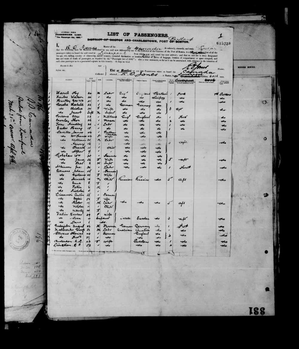 Digitized page of Passenger Lists for Image No.: e003695315