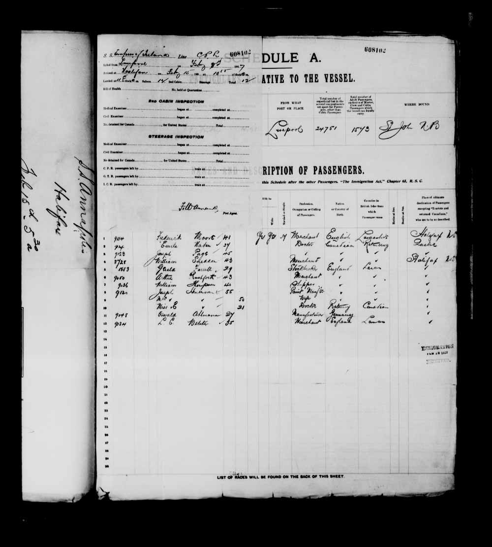 Digitized page of Quebec Passenger Lists for Image No.: e003698440