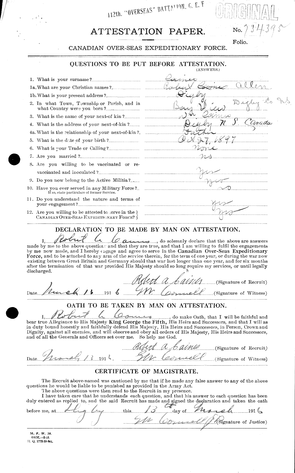 Dossiers du Personnel de la Première Guerre mondiale - CEC 000402a