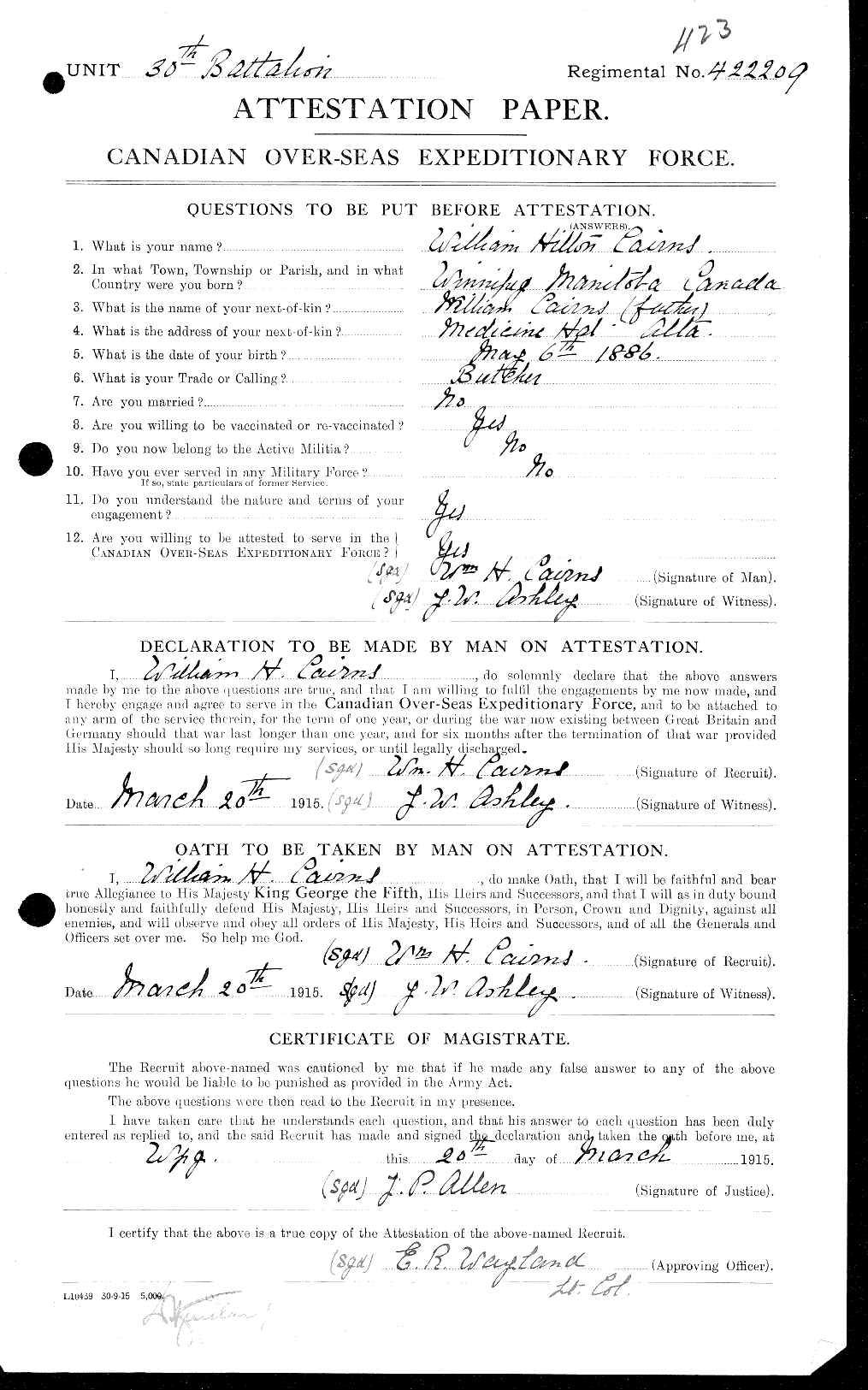 Dossiers du Personnel de la Première Guerre mondiale - CEC 000544a