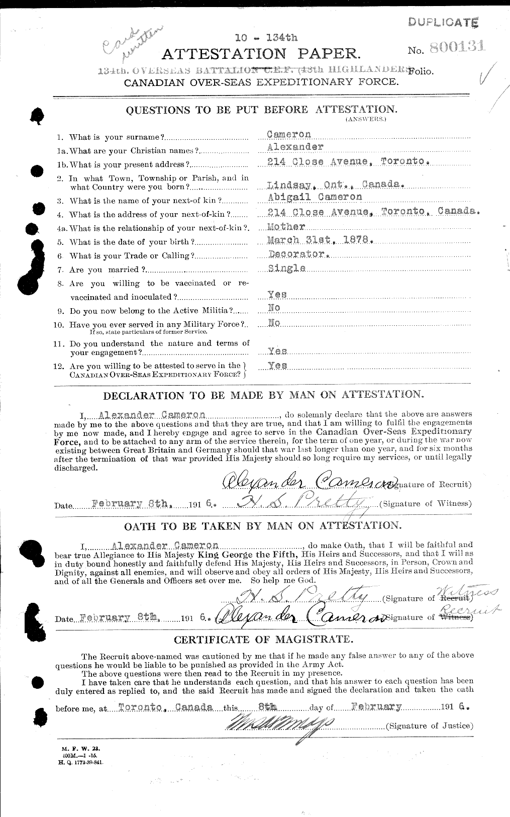 Dossiers du Personnel de la Première Guerre mondiale - CEC 000792a