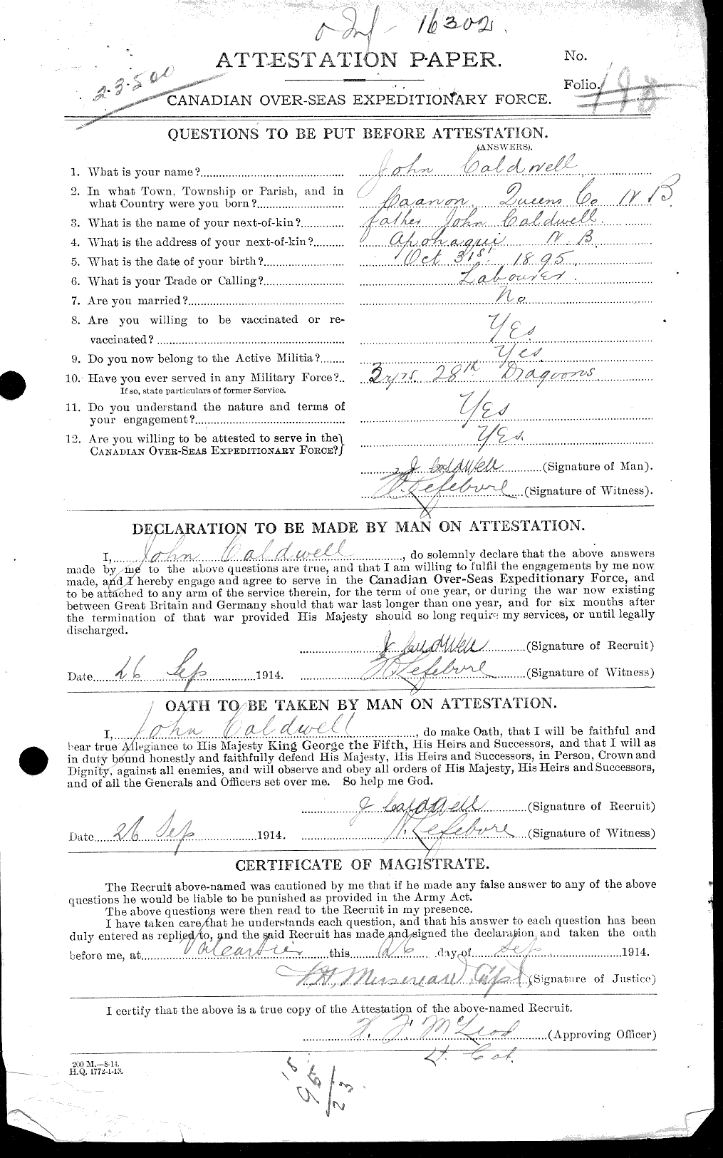Dossiers du Personnel de la Première Guerre mondiale - CEC 001071a