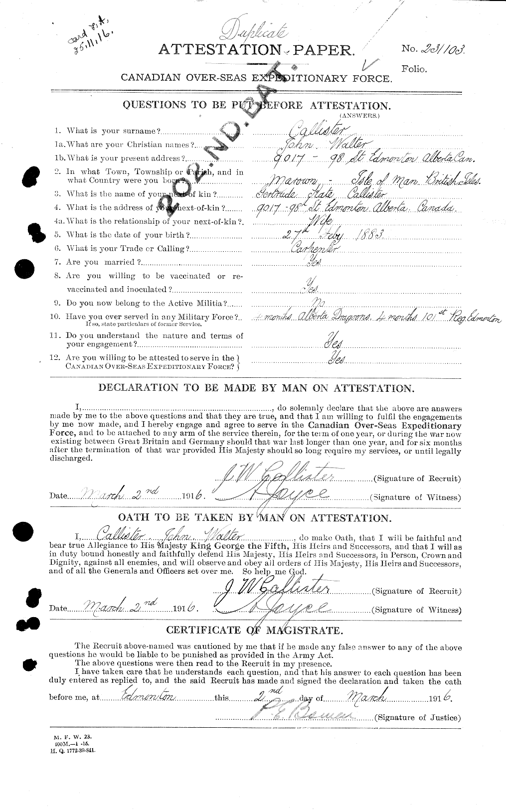 Dossiers du Personnel de la Première Guerre mondiale - CEC 001303a