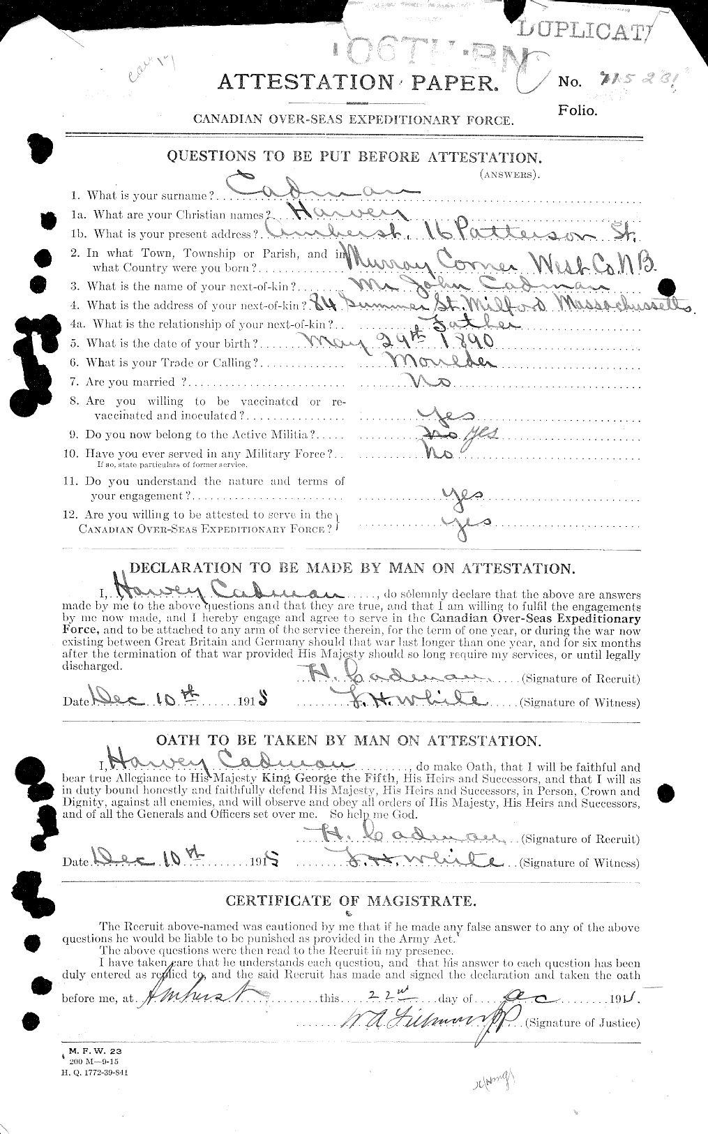 Dossiers du Personnel de la Première Guerre mondiale - CEC 001639a