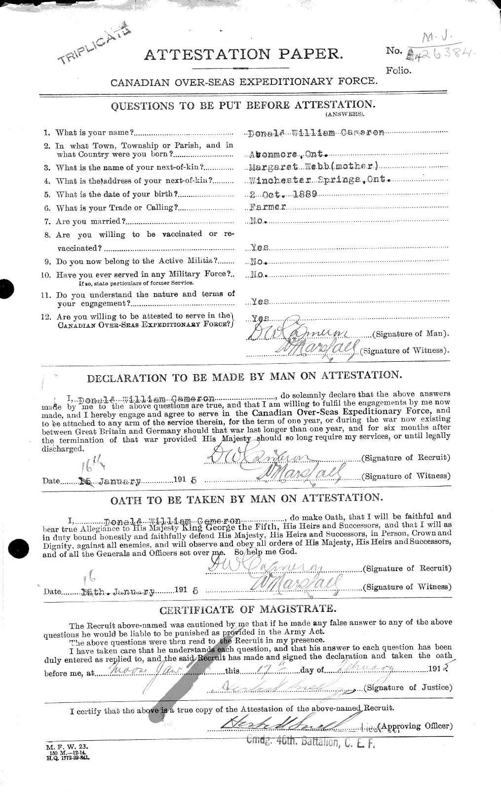 Dossiers du Personnel de la Première Guerre mondiale - CEC 002096a