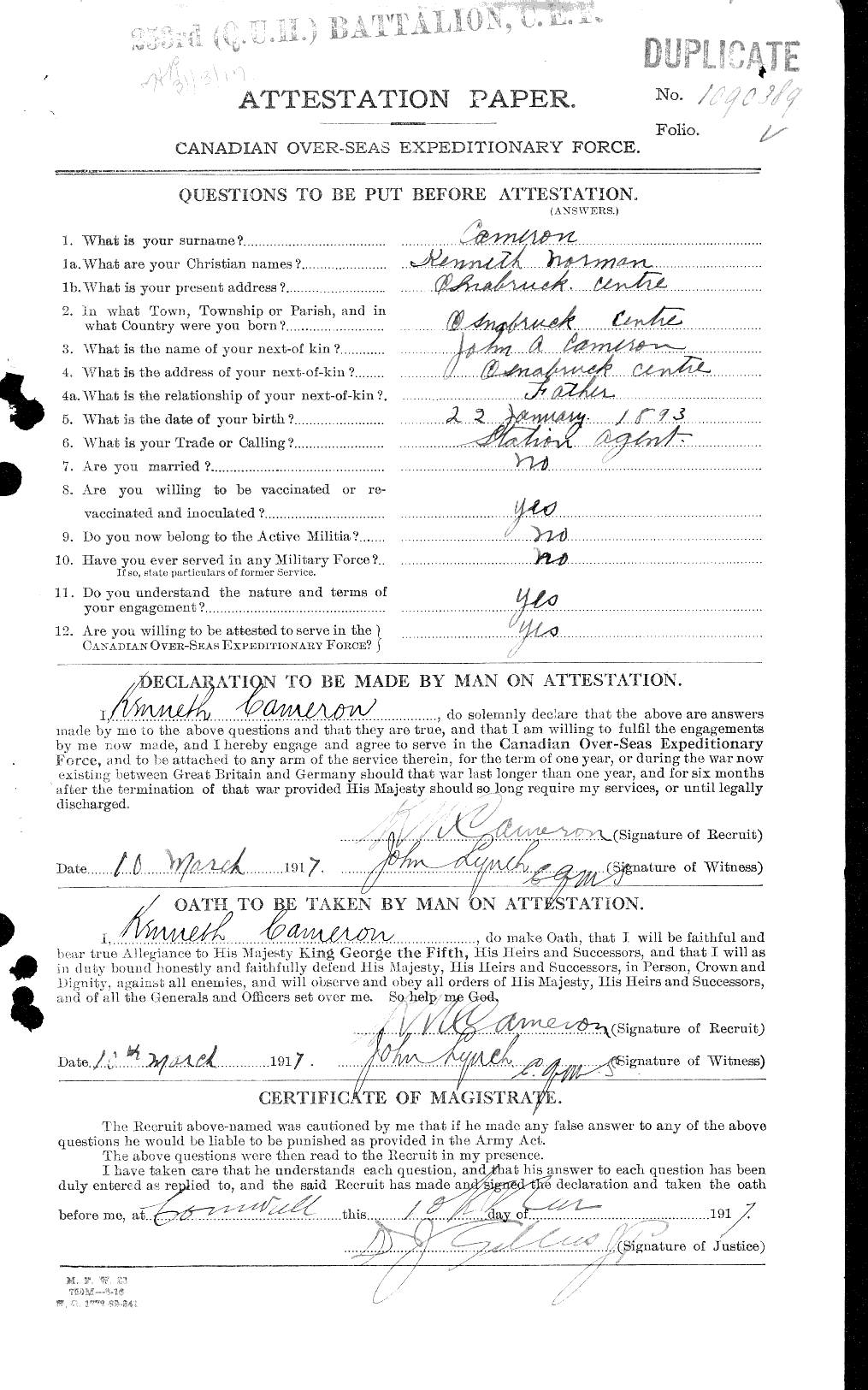 Dossiers du Personnel de la Première Guerre mondiale - CEC 002377a