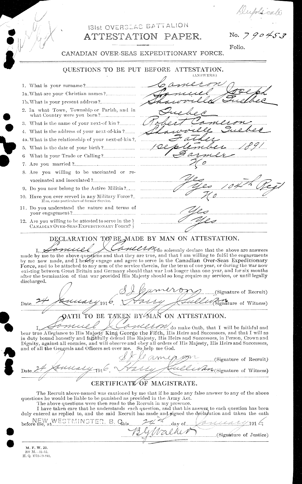 Dossiers du Personnel de la Première Guerre mondiale - CEC 002542a