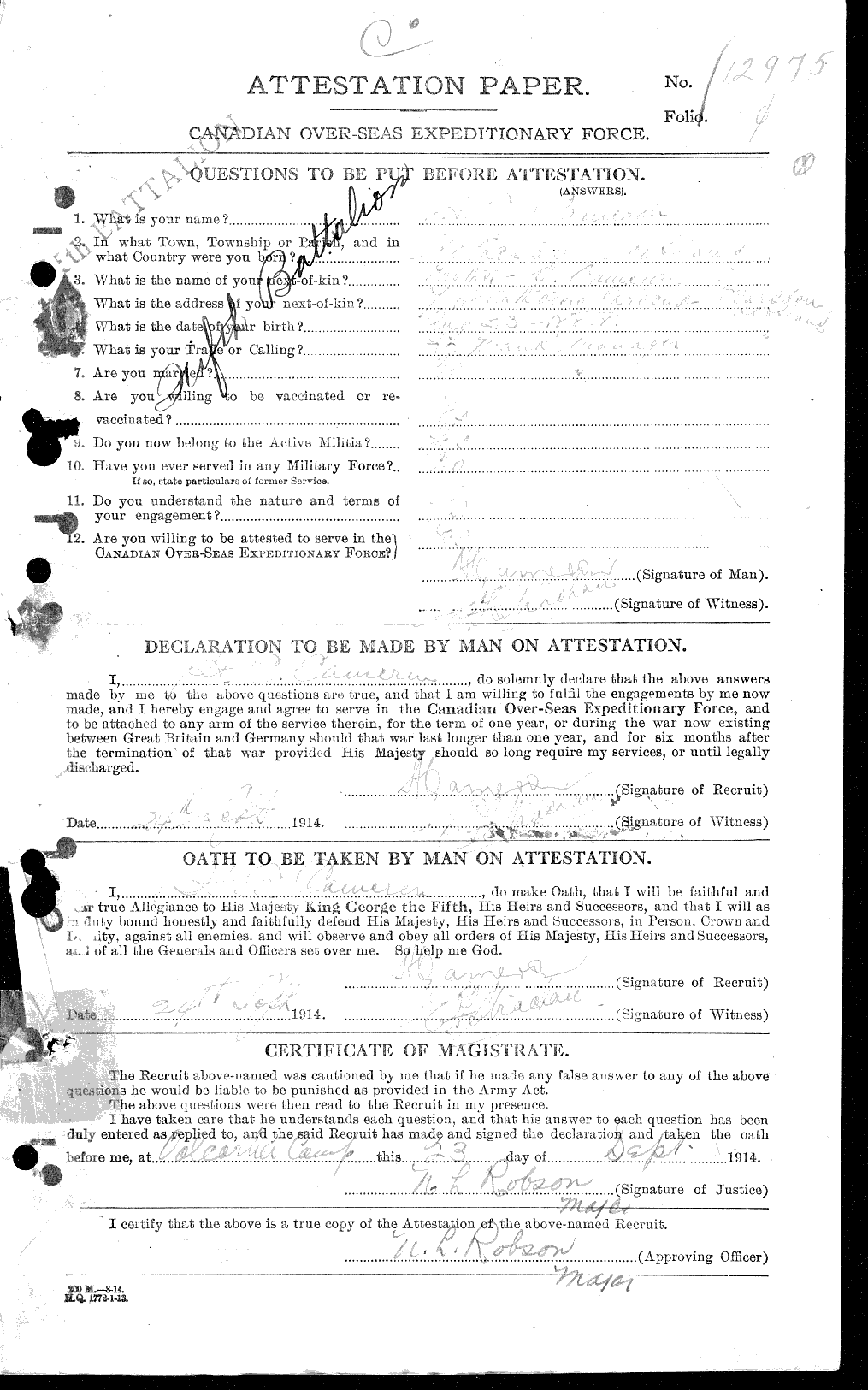 Dossiers du Personnel de la Première Guerre mondiale - CEC 002655a