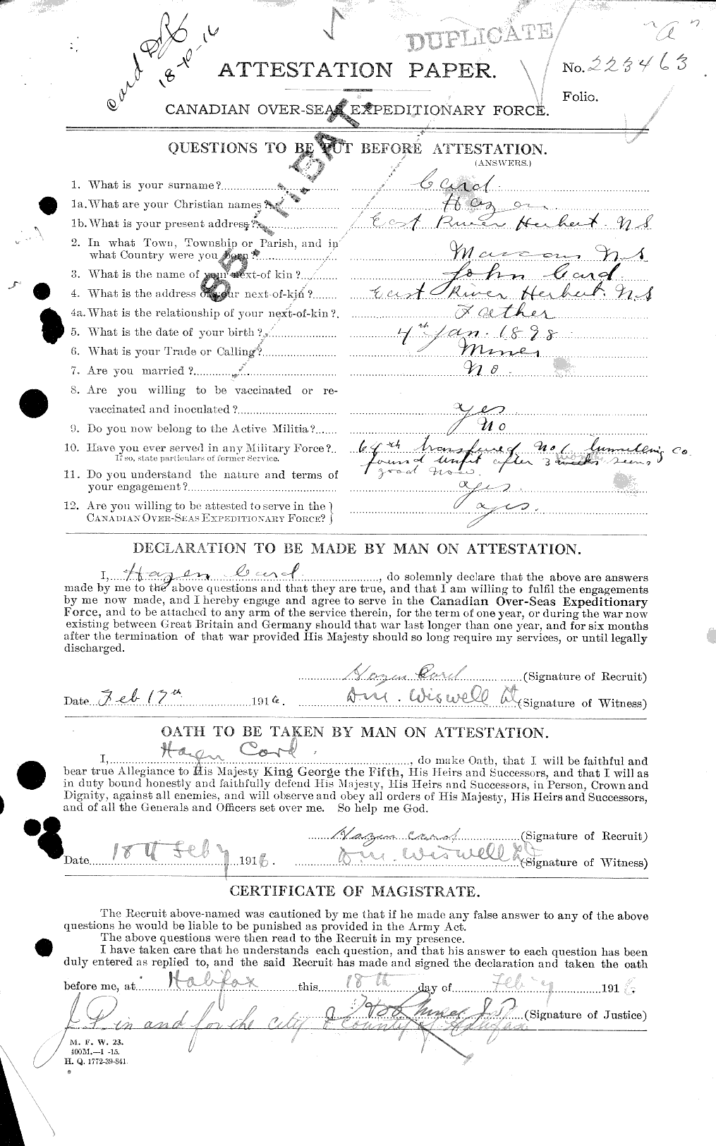 Dossiers du Personnel de la Première Guerre mondiale - CEC 003087a