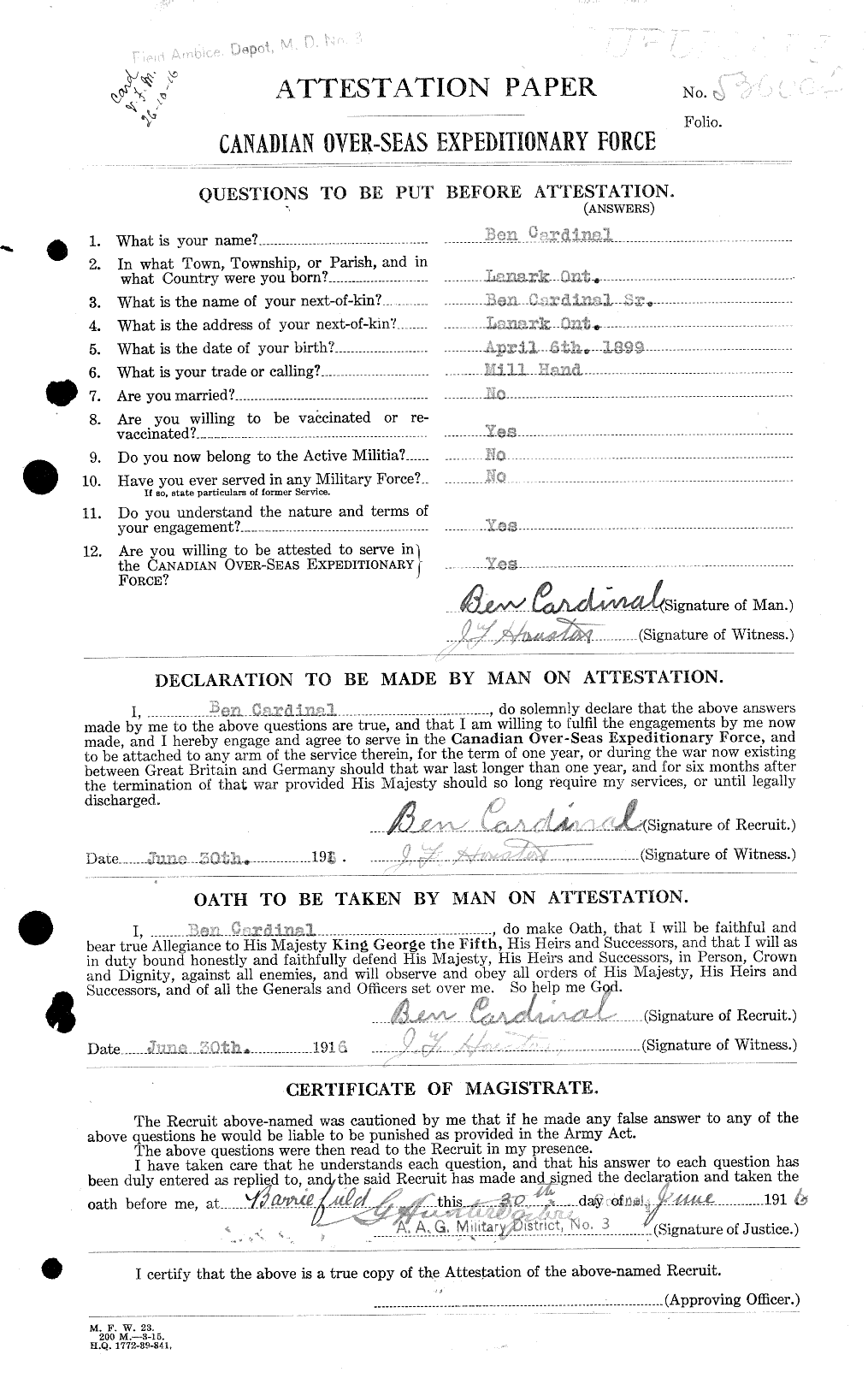 Dossiers du Personnel de la Première Guerre mondiale - CEC 003179a