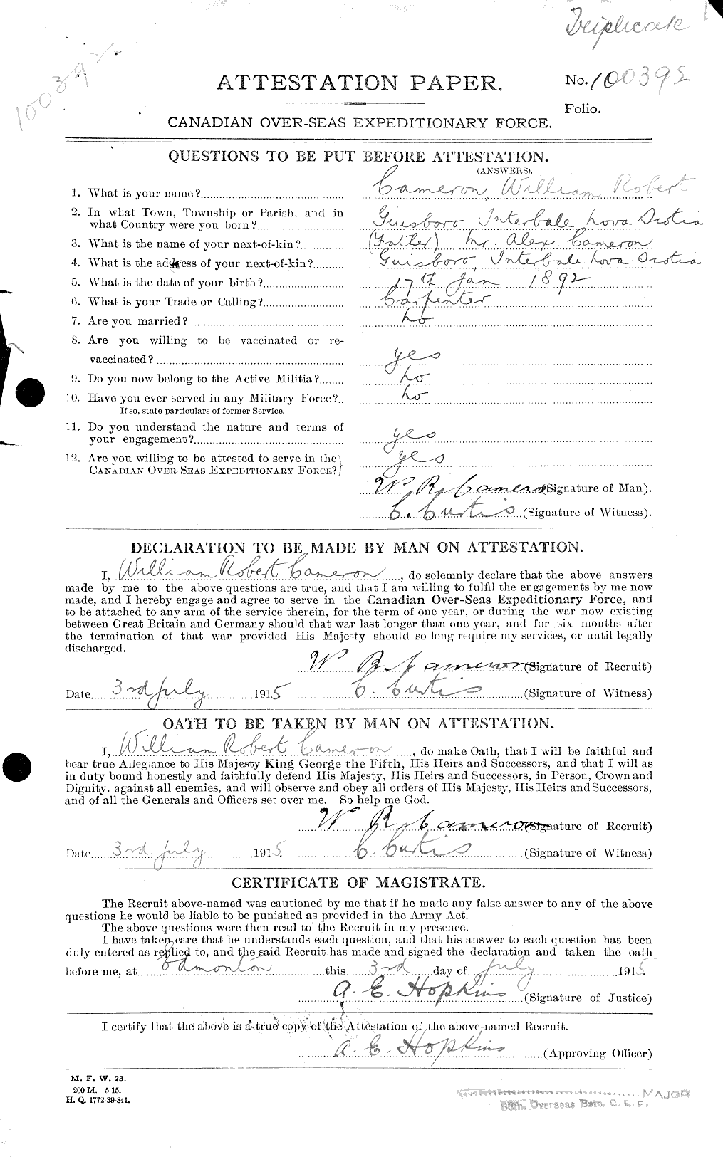 Dossiers du Personnel de la Première Guerre mondiale - CEC 003345a