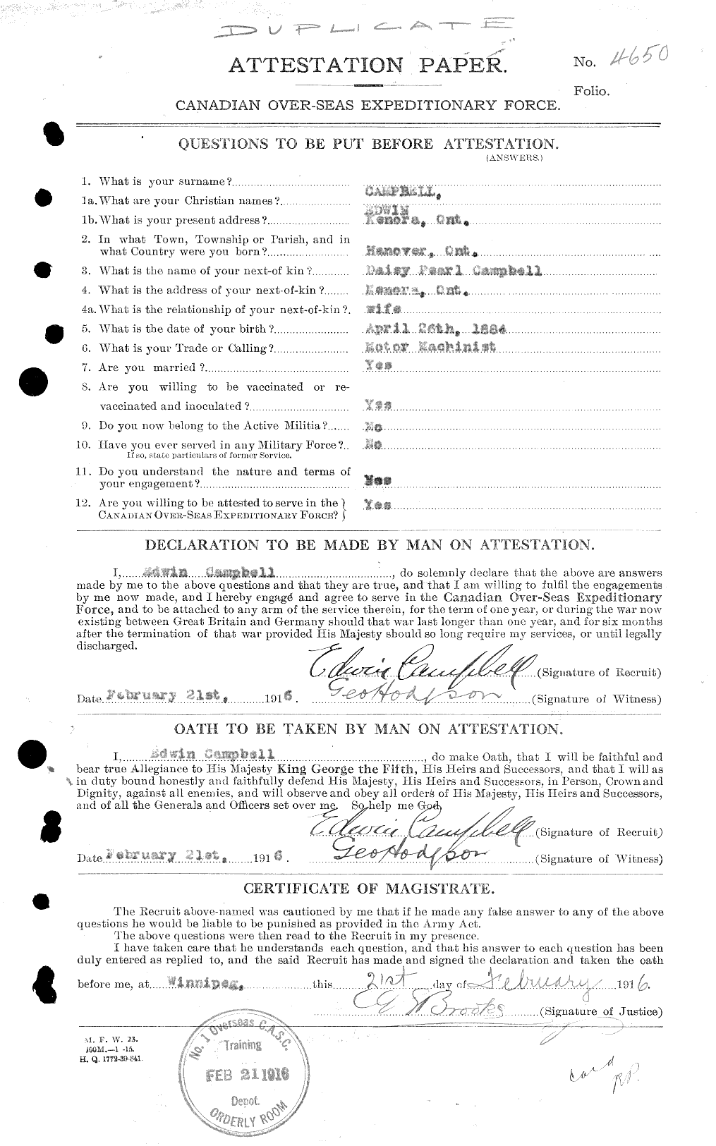 Dossiers du Personnel de la Première Guerre mondiale - CEC 003654a