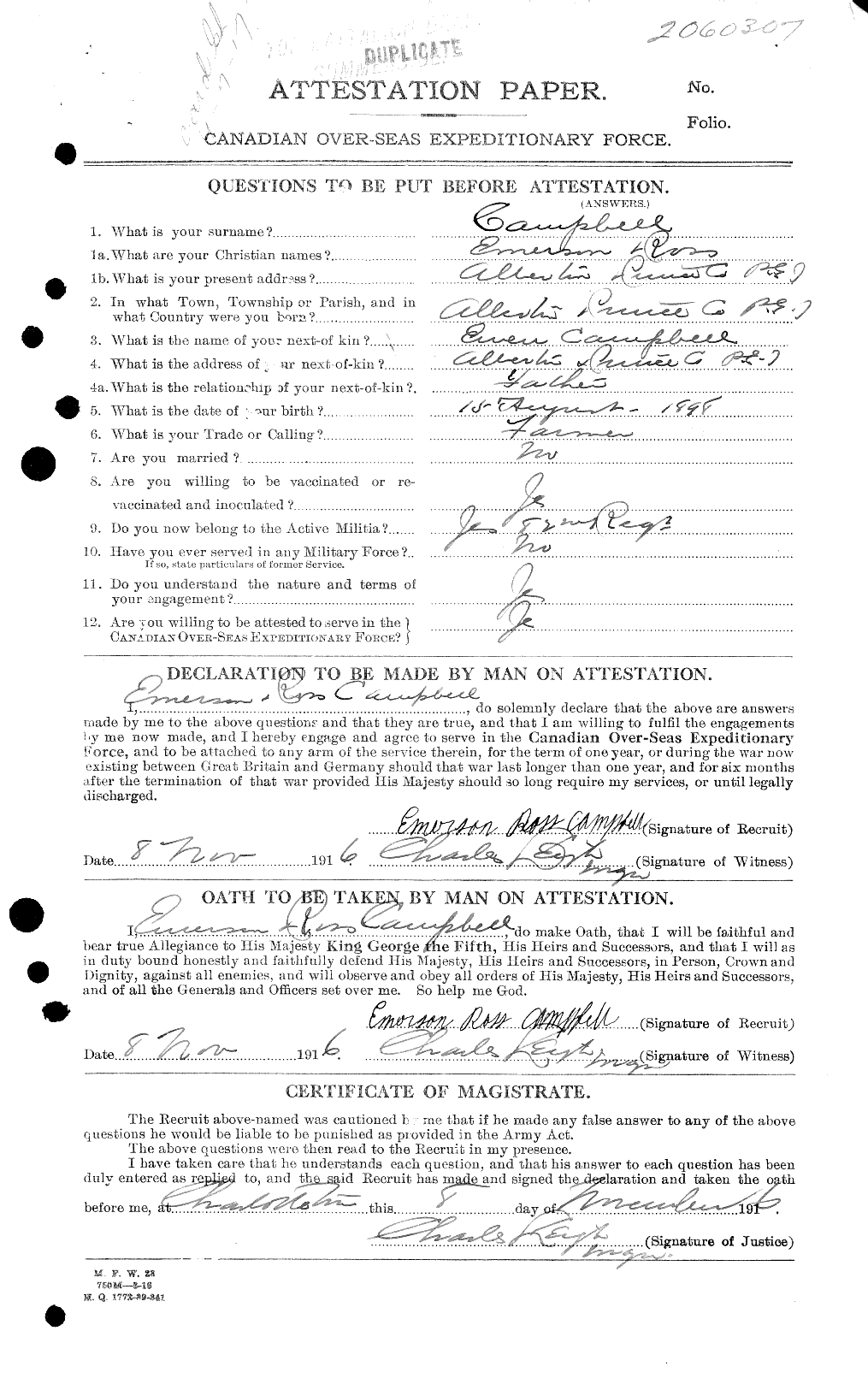 Dossiers du Personnel de la Première Guerre mondiale - CEC 003671a